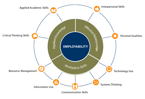 The Employability Skills Framework is comprised of nine key skills, organized in three broad categories: Applied Knowledge, Effective Relationships, and Workplace Skills.